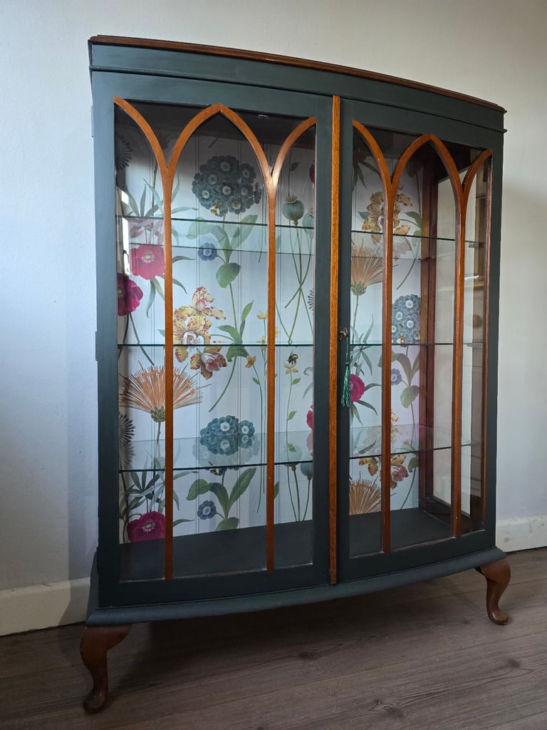 REFURBISHED  XL Antique Drinks Cabinet Cocktail Display Glass Wildflowers - Possible Local Delivery
