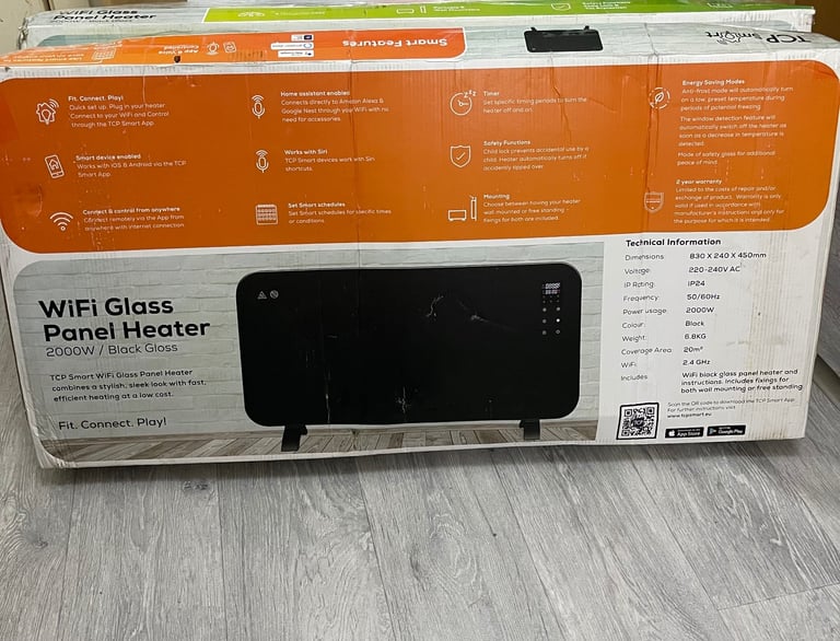 TCP Smart Glass Panel Heater 2000w Black with App, WiFi, 2 Heat Modes, Voice Control works 