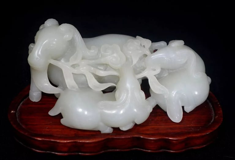 Antique Large & Heavy Chinese Hetain White/G Jade Carved Group "3 Rams" 19th C