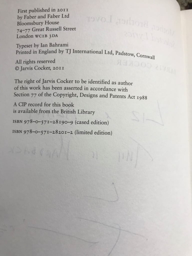 SIGNED first edition hardback copy of Jarvis Cockers book, ‘ Mother, Brother, Lover 