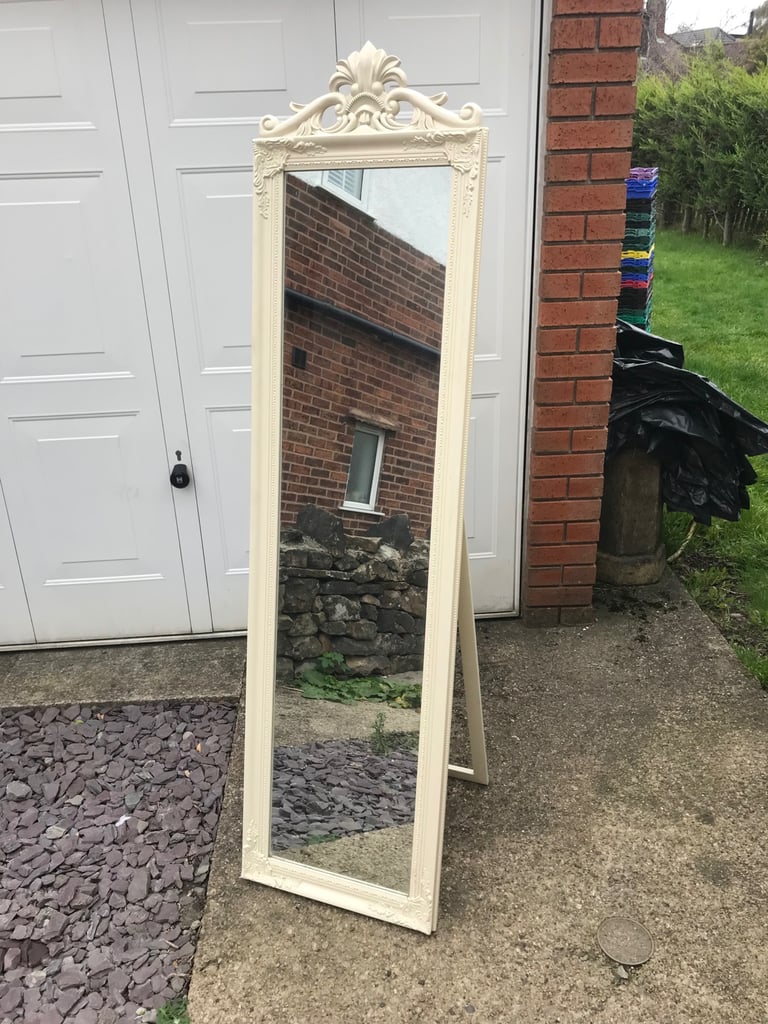 image for Full length stand alone mirror in cream with decorative ornate detailing. 