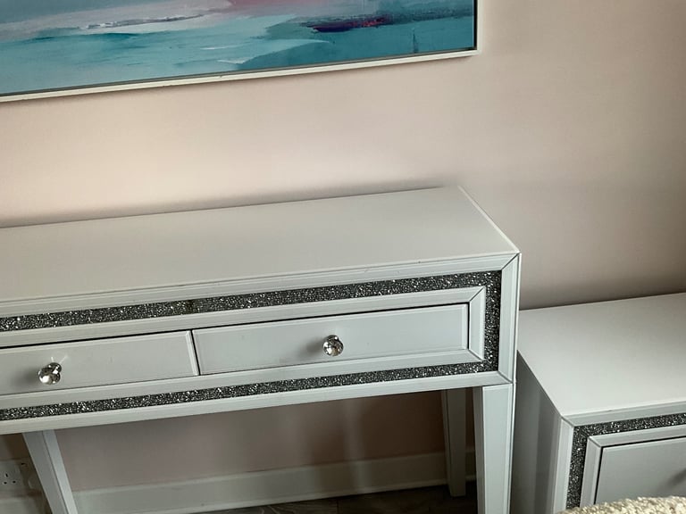 Dressing table and Bedside table with diamanté inlay white gloss