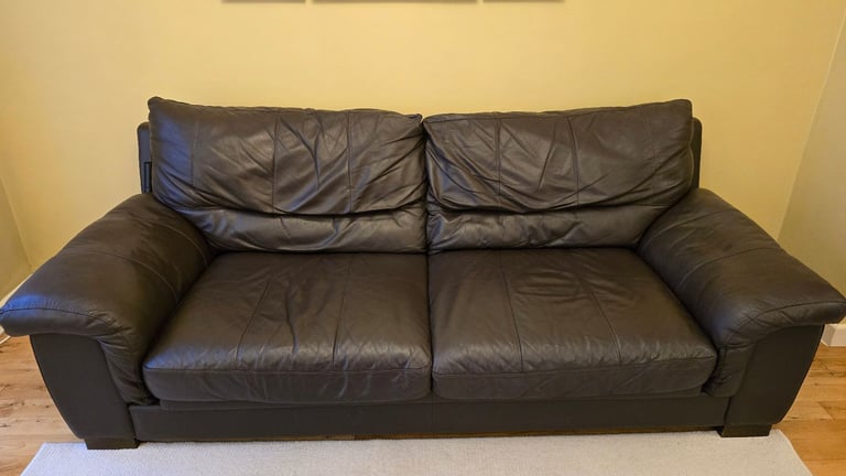 Genuine Leather Three-Seater Sofa. Dark Brown