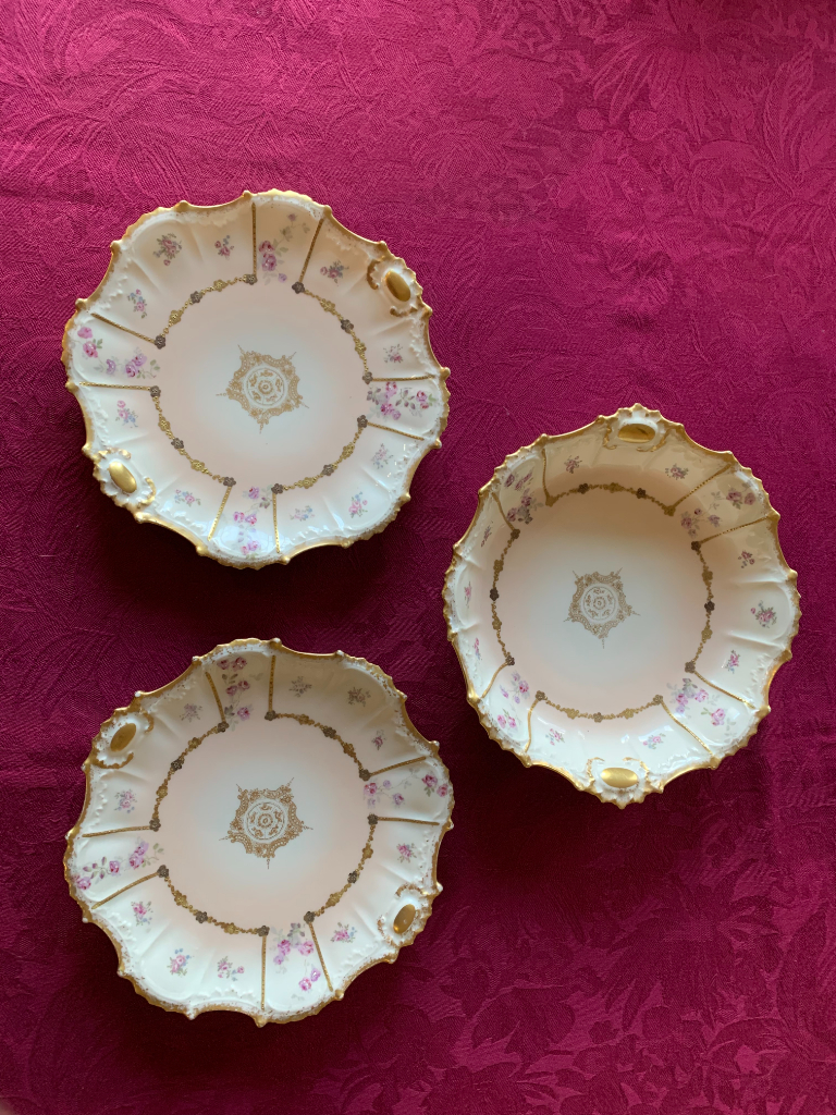 image for J.C Limoges French Floral Pink Tone Gold Edged Bowl & Two Matching Plates Era 1900-1914