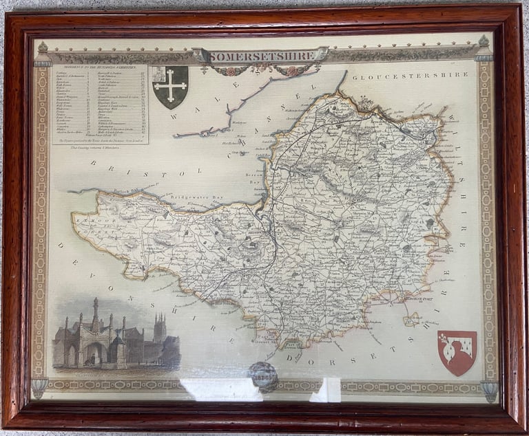 Reproduction copy of 19C county maps of Somerset and Gloucestershire. 