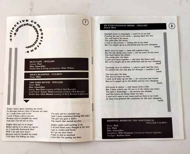 The Style Council -'Notes from the Cafe Bleu booklet from the LP. 1984 release -very VG condition 