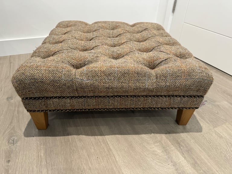 Harris Tweed Fabric Herringbone Buttoned Chesterfield Chair Low Footstool