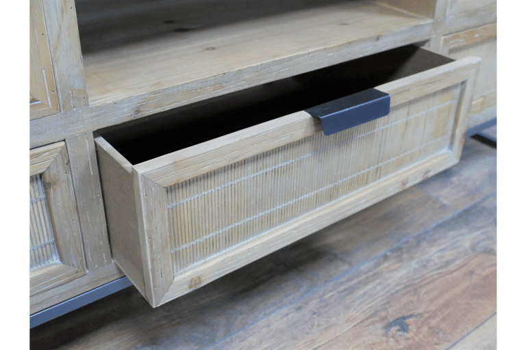 Industrial Styled Solid Wood TV Cabinet with 5 Drawers & 1 Shelf Supported By A Metal Base.