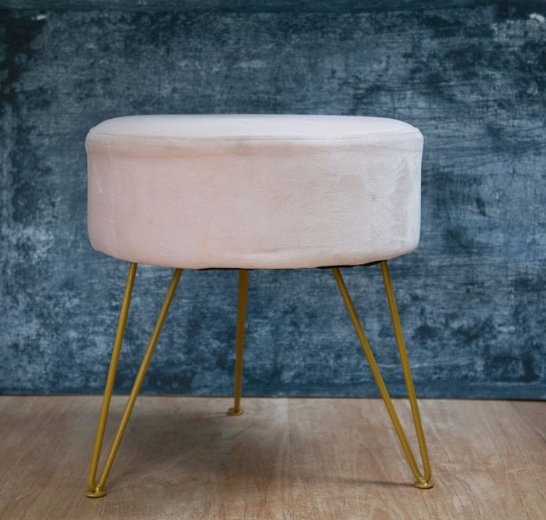 Pink Peach Velour Stool: Gold Legs; Retro Design. Spare Seat