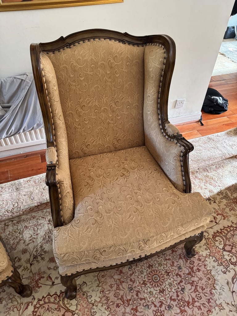 image for Antique Style Wingback Armchair - Carved Wood Frame & Jacquard Fabric