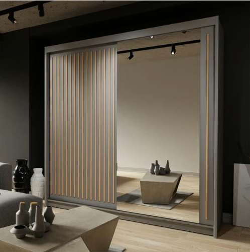 image for Brand New - Royal Mirror Sliding Door Wardrobe -Grey- SAME/NEXT DAY DELIVERY
