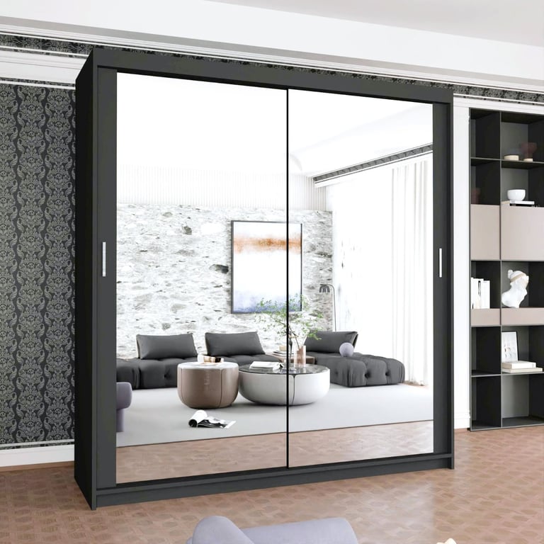 Brand New 2 or 3 Doors Sliding Wardrobe with Mirrors & Drawers in Black Grey White Oak