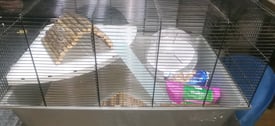 Hamster cage, extra silent wheel, wooden accesories, food, bedding 
