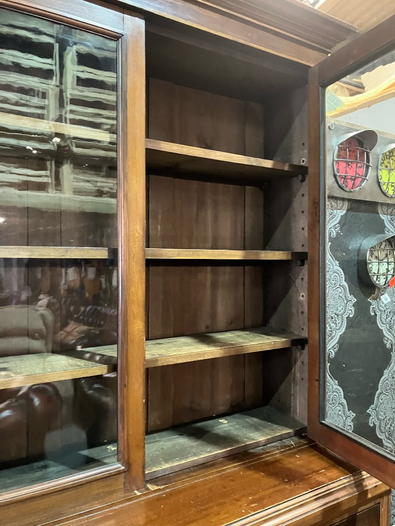 Stunning Handsome Vintage HUGE Oak Bookcase Secretaire Desk Cabinet with Glass Doors- Delivery