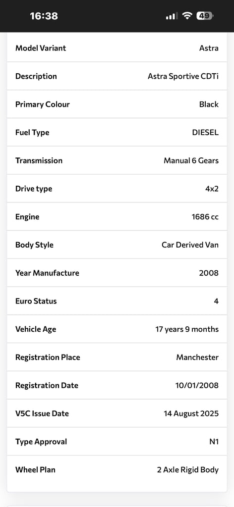 Vauxhall, ASTRAVAN, Car Derived Van, 2008, Manual, 1686 (cc)