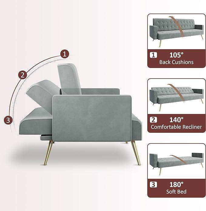 New Grey Velvet Sofa Bed 3 Seater with Square Armrest and Legs RRP £250 Our Price £195