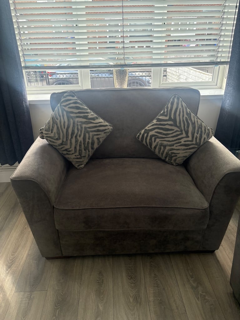 Grey fabric sofa 4 seater cuddle chair and footstool 