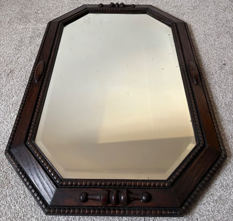 Antique, Art Deco, Oak Framed, Octagonal Mirror