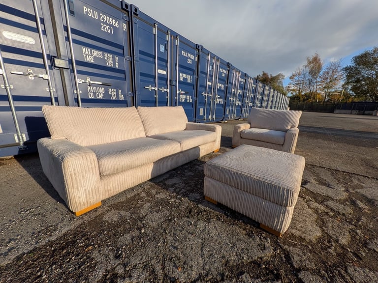 DFS Cream Jumbo Cord 3 Seater Sofa, Armchair and Storage Footstool FREE SAME/NEXT DAY DELIVERY
