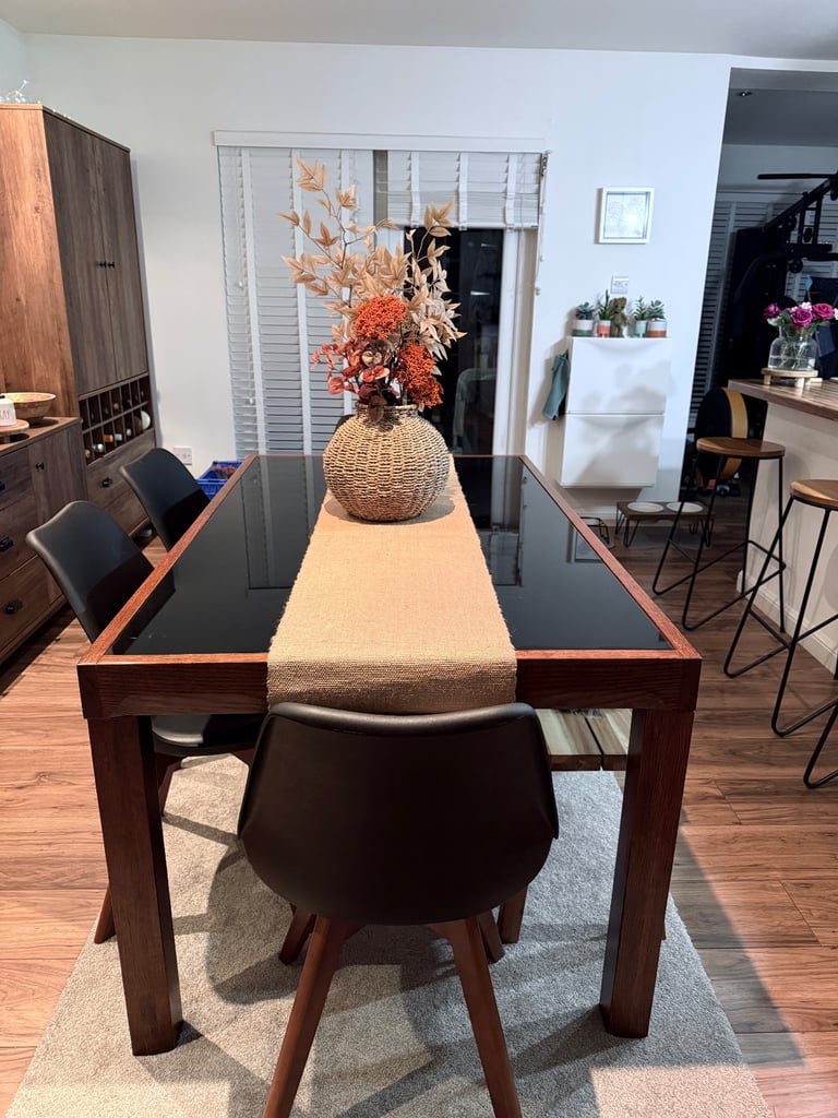 Solid Dark Oak/Black Glass Top Dining Table