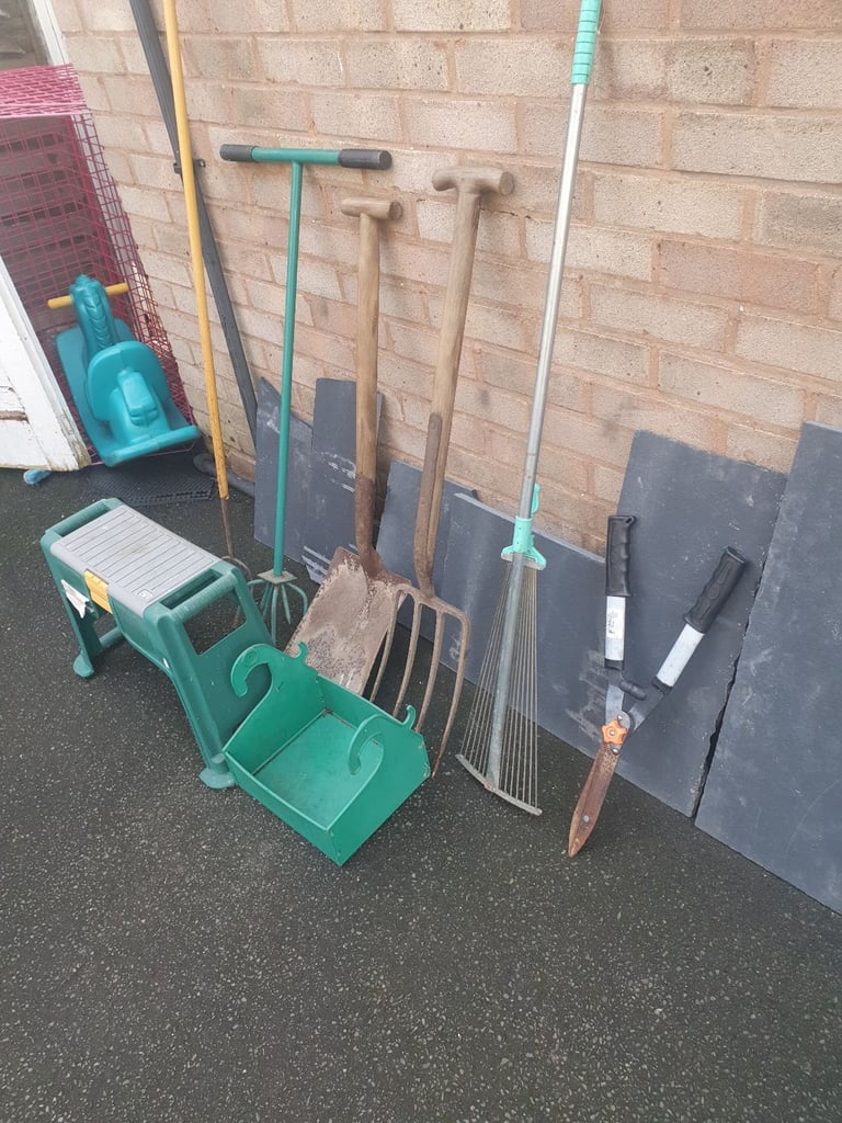 image for Joblot Of Garden Tools - Fork, Shovel , Hoe, Rotivator, Rake, Cutters , Kneeling Box & Tray , Decent