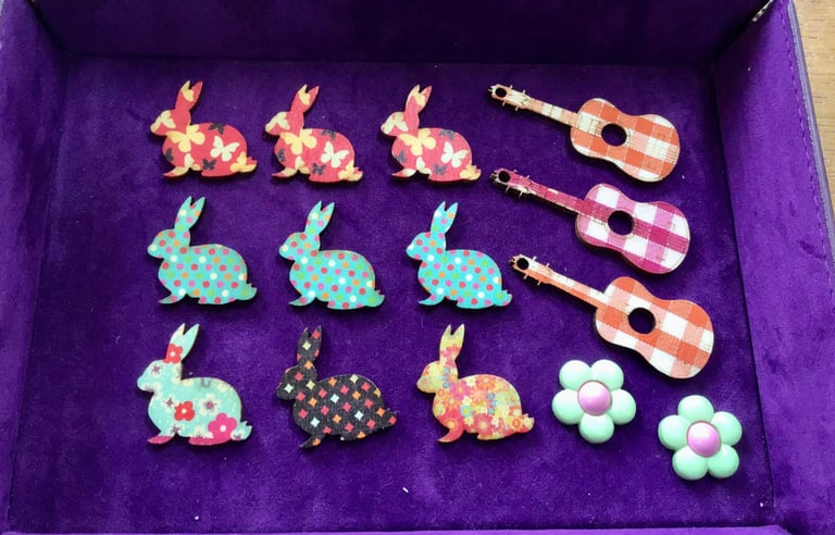 NEW 14 flat back, wooden craft embellishments. Rabbits, guitars, flowers