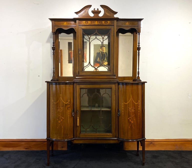 image for Fine Edwardian Mahogany & Satinwood Marquetry Glazed Sideboard Display Cabinet