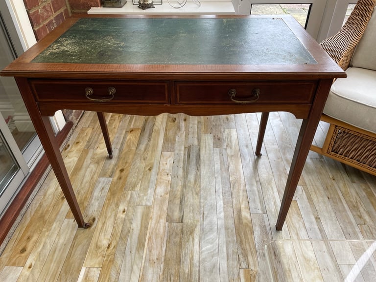 image for Antique desk with green leather top & two drawers