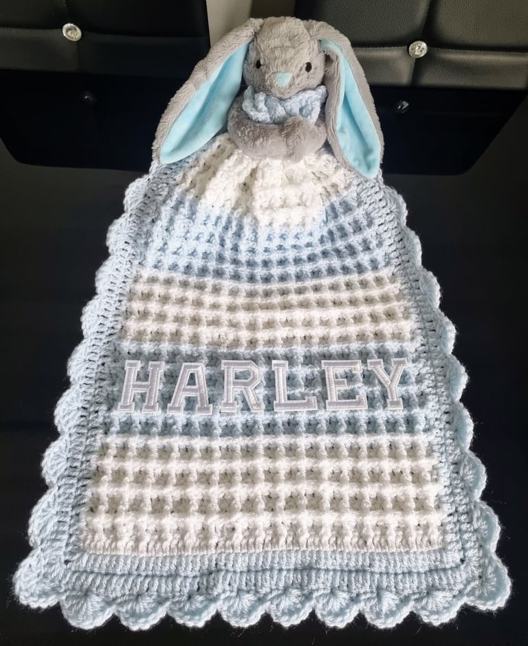 Crochet Baby Comfort Blanket, Personalised, Girls and Boys colours available