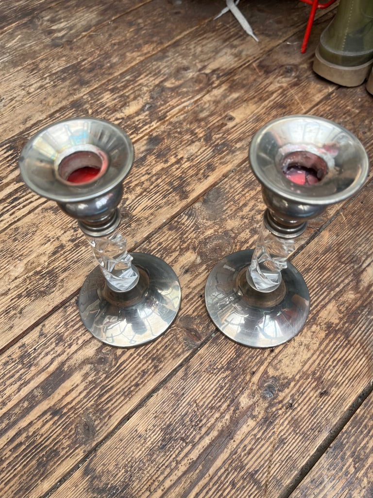 Silver Glass  Heavy candle stick holders 