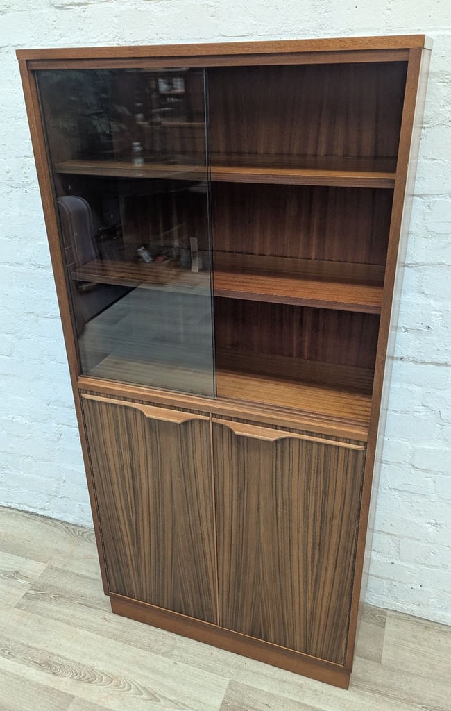 Mid century teak and tiger wood glazed tall bookcase cabinet 