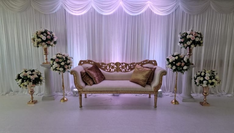 Wedding, Decor, Chair Cover, Flowers, Stage, Backdrop, Chiavari, Hire, Throne, Sofa, Table, Linen FP