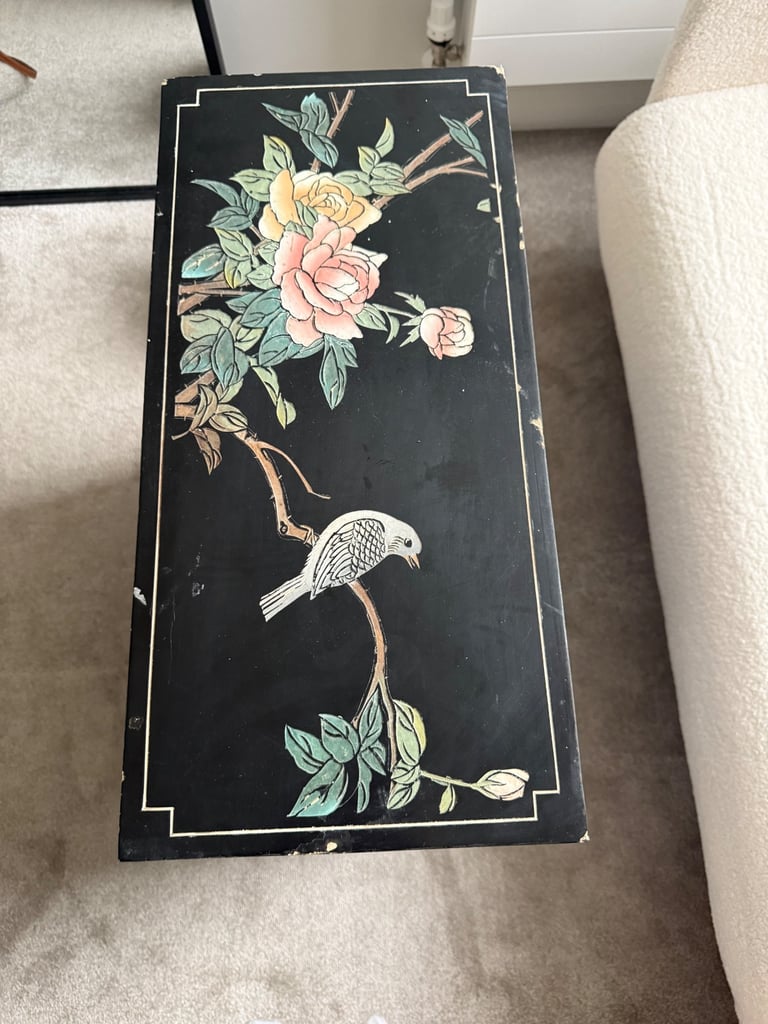 Vintage Japanese-Style Hand-Painted Lacquer Cabinet with Brass Fittings