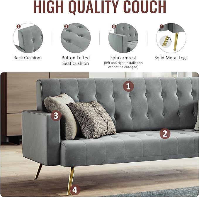 New Grey Velvet Sofa Bed 3 Seater with Square Armrest and Legs RRP £250 Our Price £195