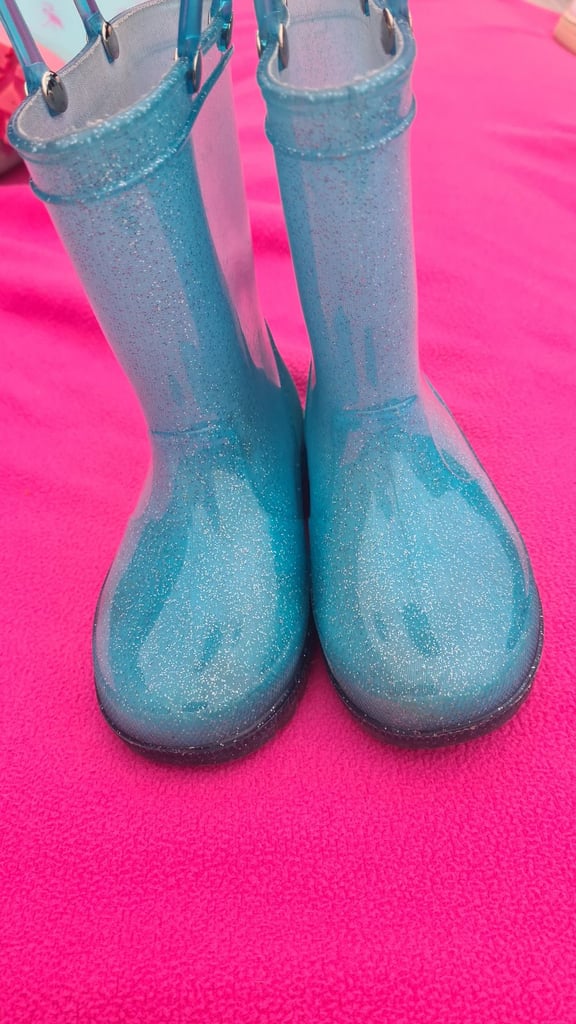 Cyan blue glittery wellies with lights on soles/ flashing heels uk9