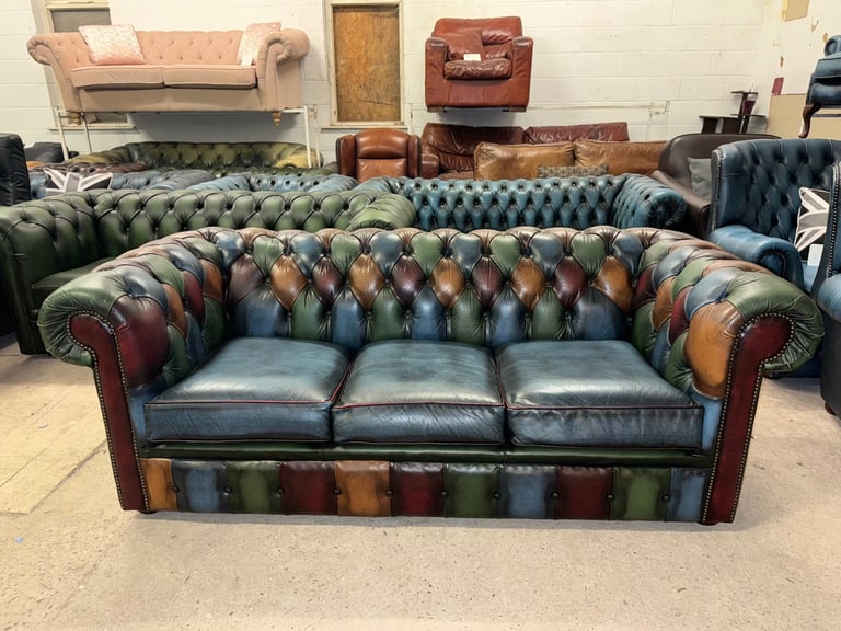 Chesterfield harlequin patchwork real leather three seater sofa