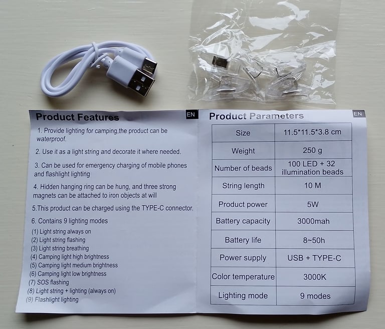 NEW Camping LED String Lights, 10M, USB Recharge, Retractable, 9 Lighting Modes, SOS, IP65 