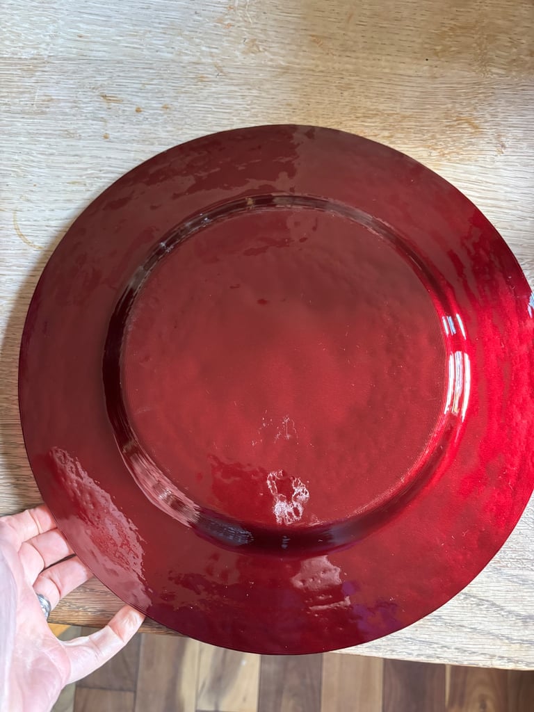 8 large red glass charger plates