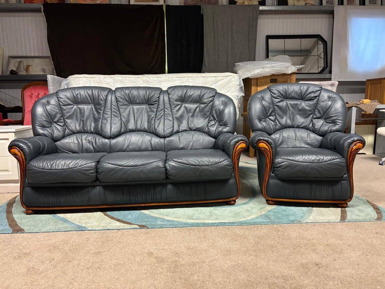 image for Blue Italian Leather 3 Seater Sofa and Chair excellent condition 