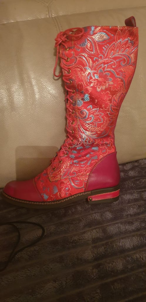 Red Leather/Satin material hand made Boots