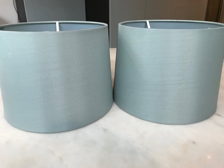 image for Pair of light blue silk shades for sconces or small lamps, 18-20cm diam x 14.5cm-high