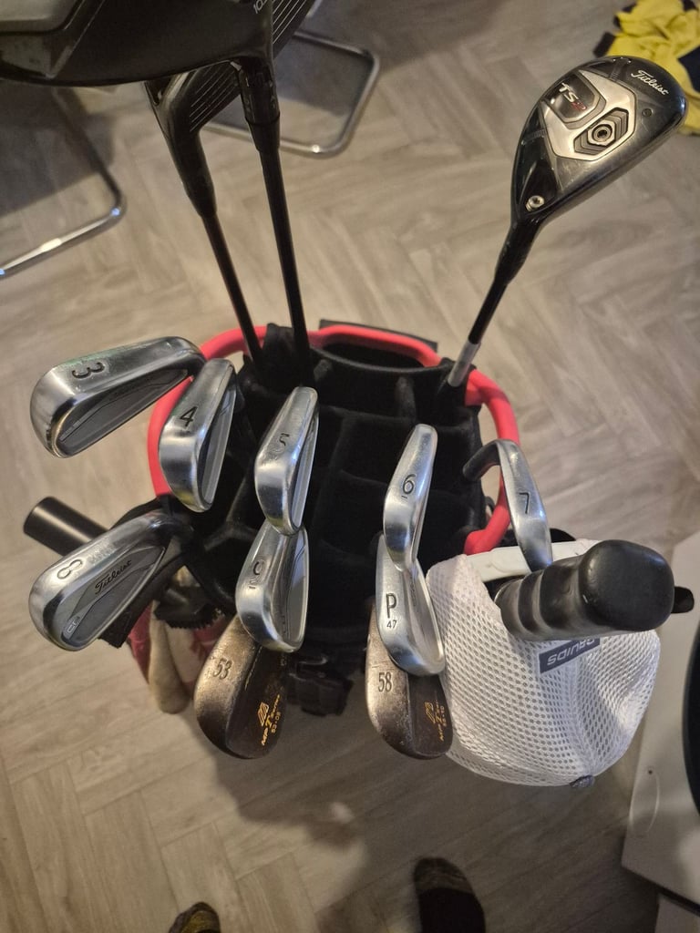 image for Full set titleist irons,driver, 3 wood, hybrid, mizuno rusty wedges and titleist bag 
