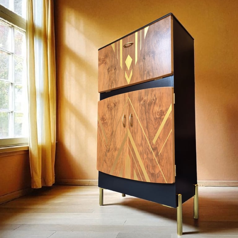 image for SALE - Unique art deco mid-century modern tall cocktail cabinet/ vintage drinks cabinet/ bar