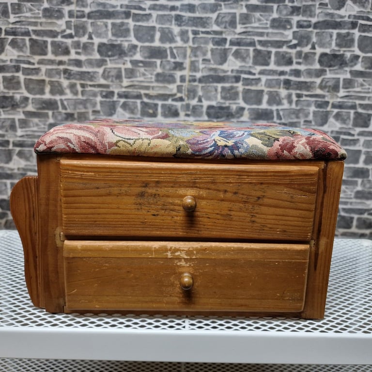 Vintage Wooden Sewing Box with Upholstered Top and Two Drawers