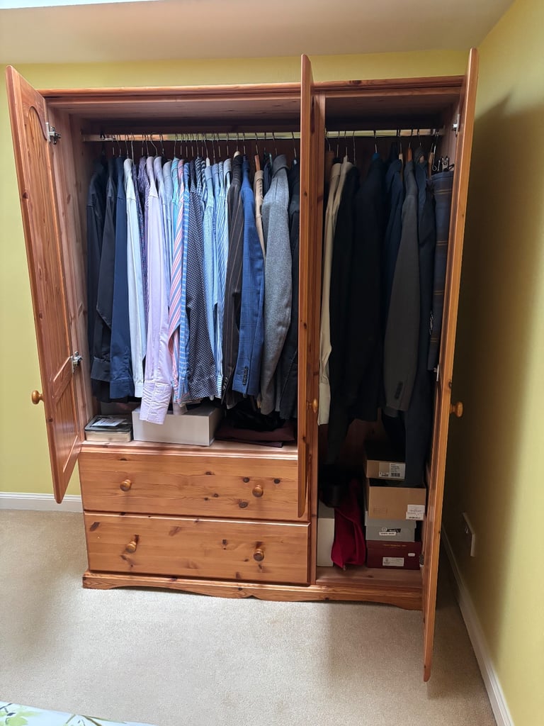 Well built large pine double wardrobe and drawers 