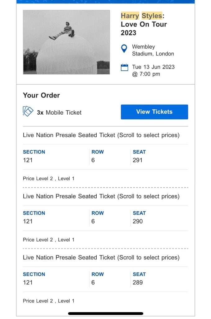 1 seated Harry ticket for Wembley 