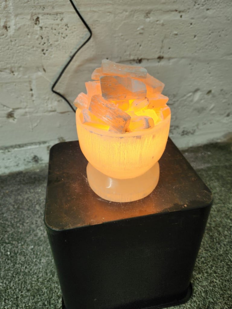 Selenite Crystal Bowl Lamp with Chunks | White & Orange