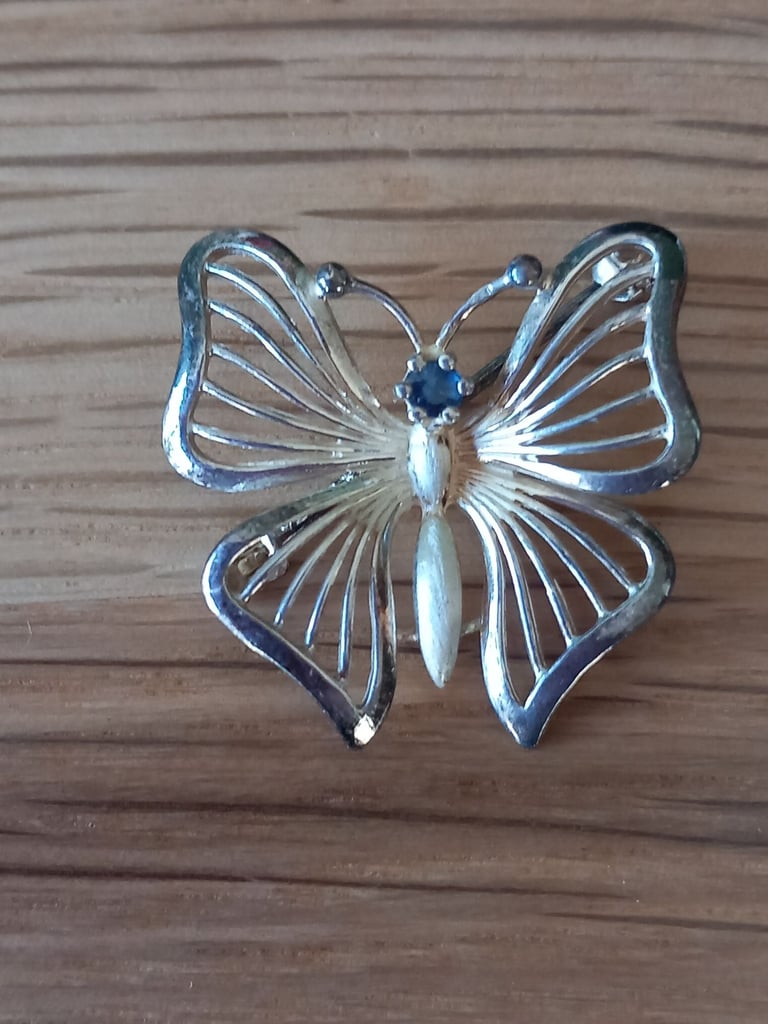 image for Silver coloured filigree effect Butterfly brooch with blue stone, reduced price