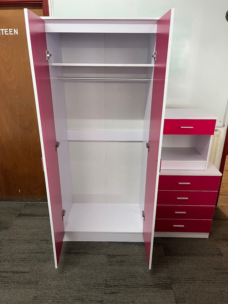 Pink & White Two Door Wardrobe Chest & Bed Side Cabinet 
