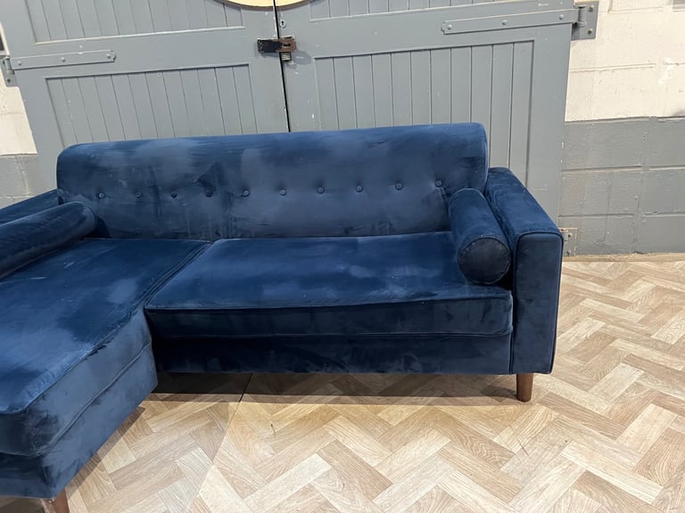 Blue velvet L shape sofa, FREE DELIVERY 